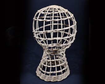 Mid Century French Hat Stand Wire Rattan Mannequin Head Hat Wig Display, Wicker Home Decor