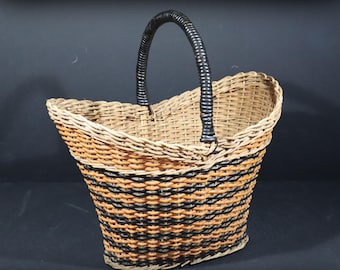 French Vintage Wicker Shopping Basket Woven Cane Sewing Knitting Storage Basket