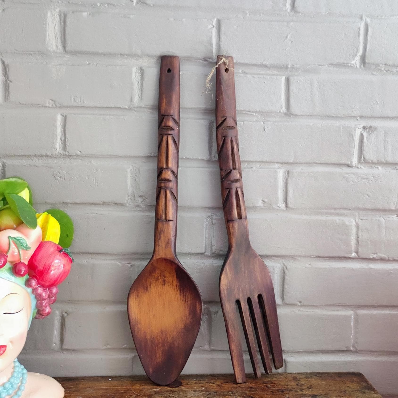 Vintage Wooden Oversized Spoon and Fork, Woodland Kitchen Wall Decor
