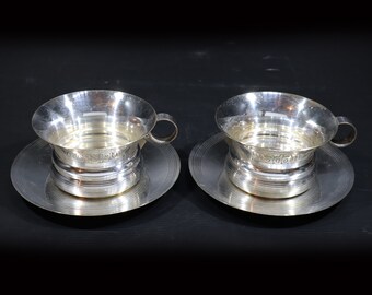 French Silver Plated Tea for Two Cups Madame & Monsieur Antique Tea Cup and Saucer set
