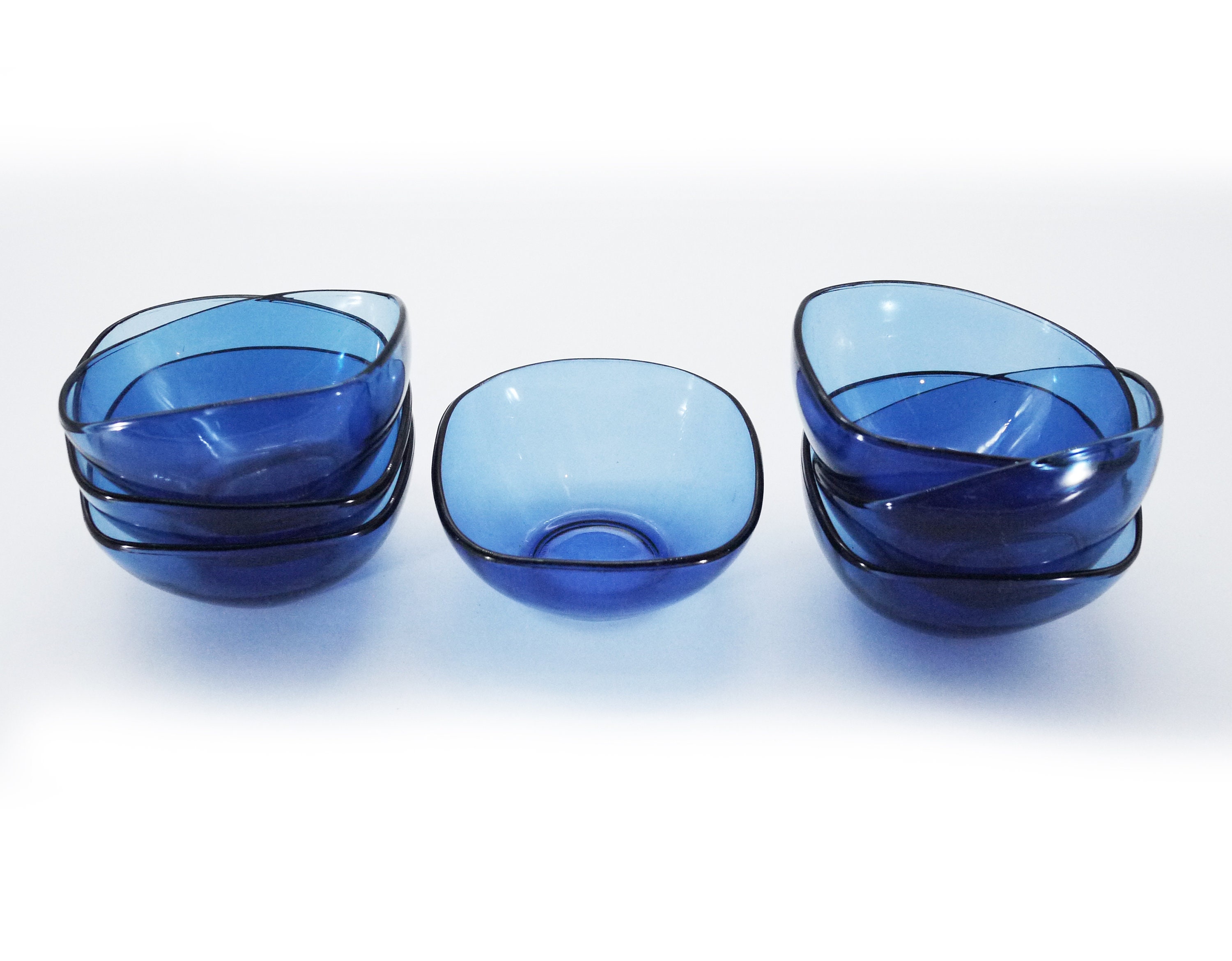 French Vereco Blue Glass Dessert Bowls, S/7