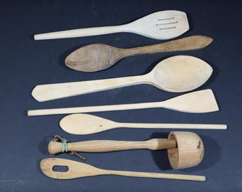 Vintage French Wooden Kitchen Utensils set of 7 Rustic Farmhouse Cooking Mixing Spoons