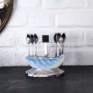 Art Deco French Opalescent Shell Dish & Silver Plated Oyster Spoons