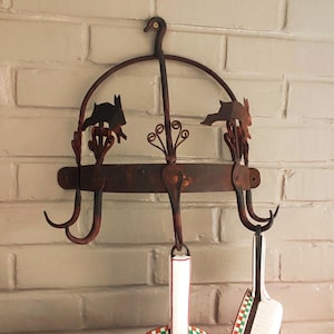Antique French Wrought Iron with Metal Rabbits Hanging Pot Rack