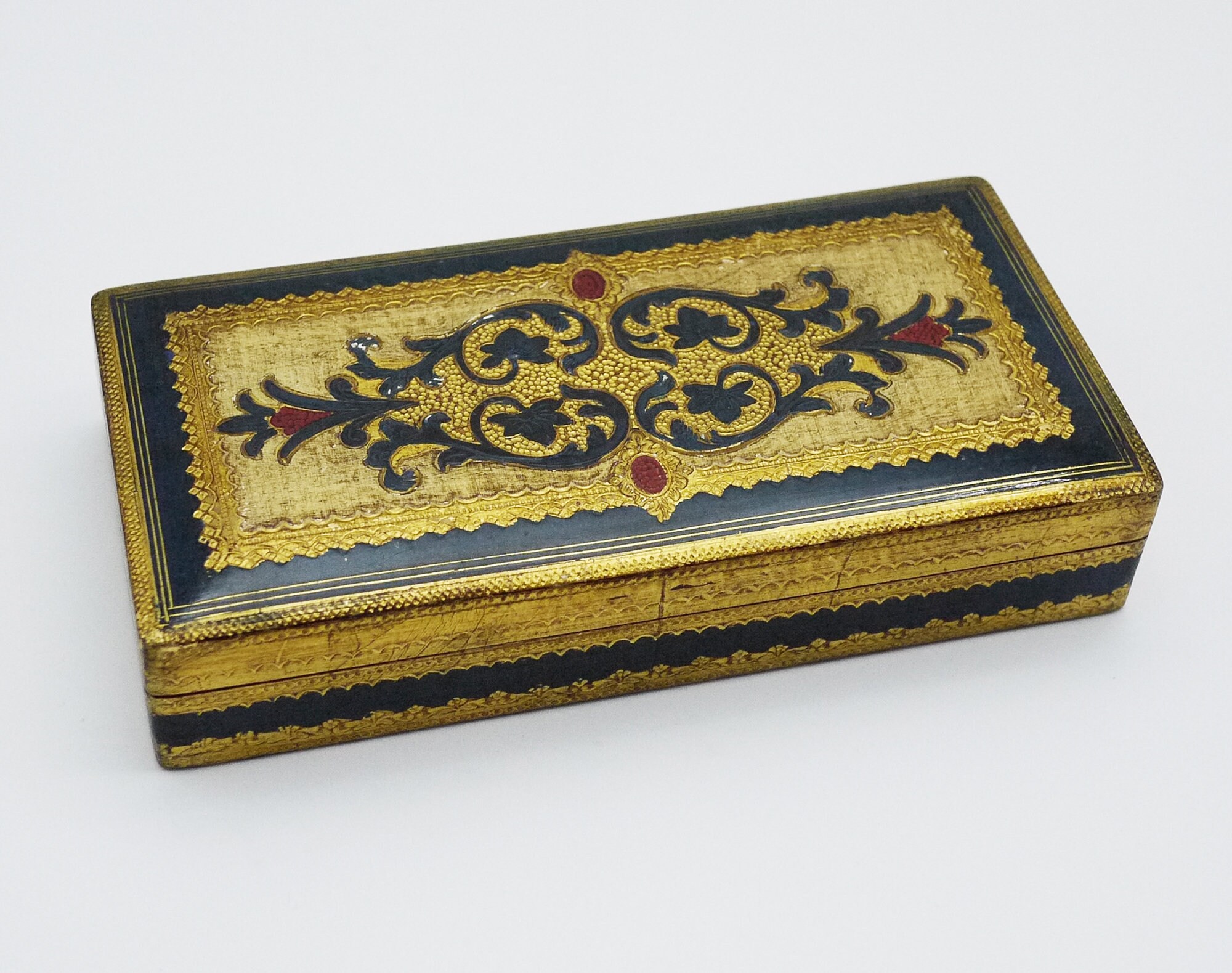 Florentine Jewelry Box, Vintage Italian Wooden Box with Baroque Decor
