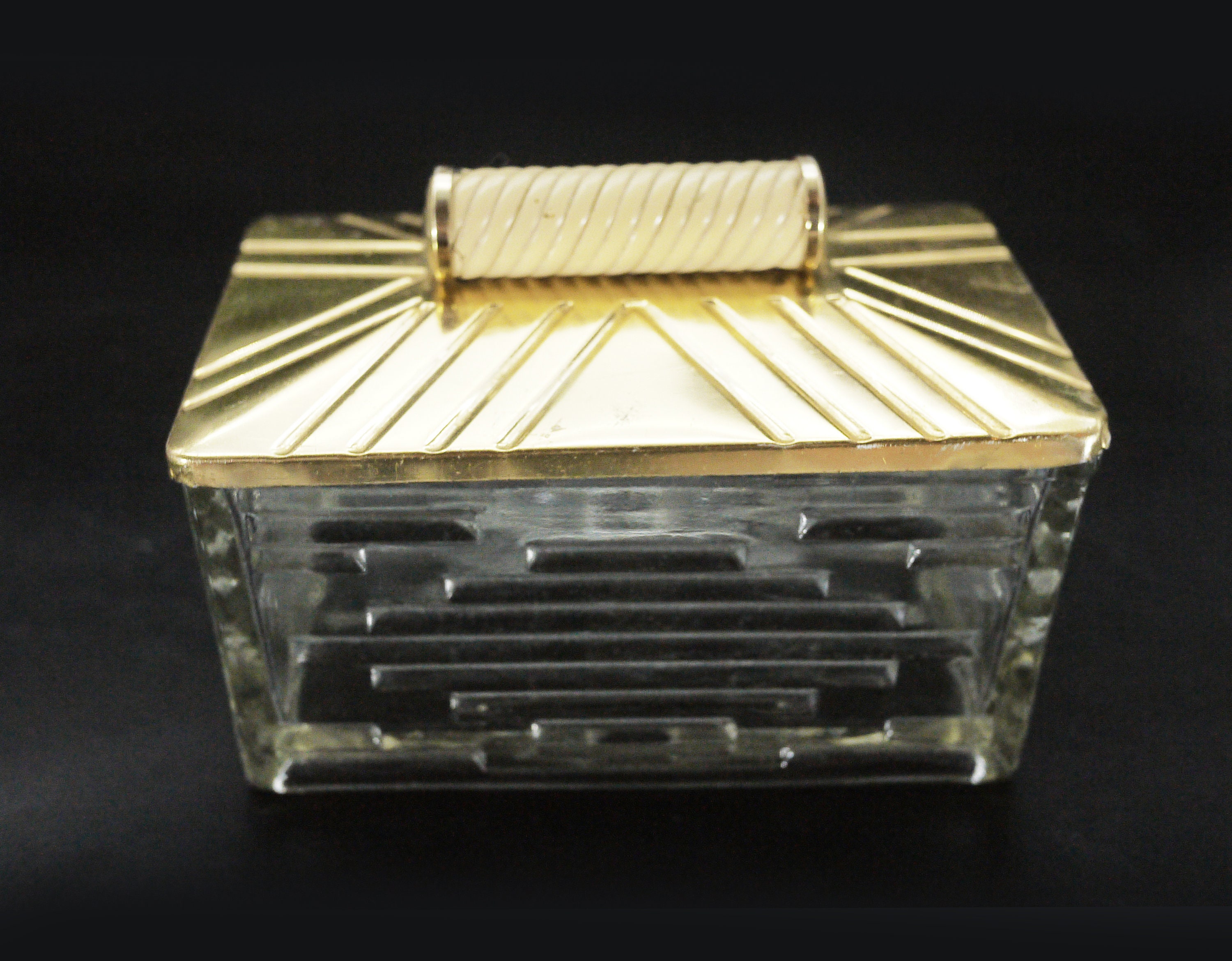 French 1930s Large Glass Cookie Jar with Golden Lid