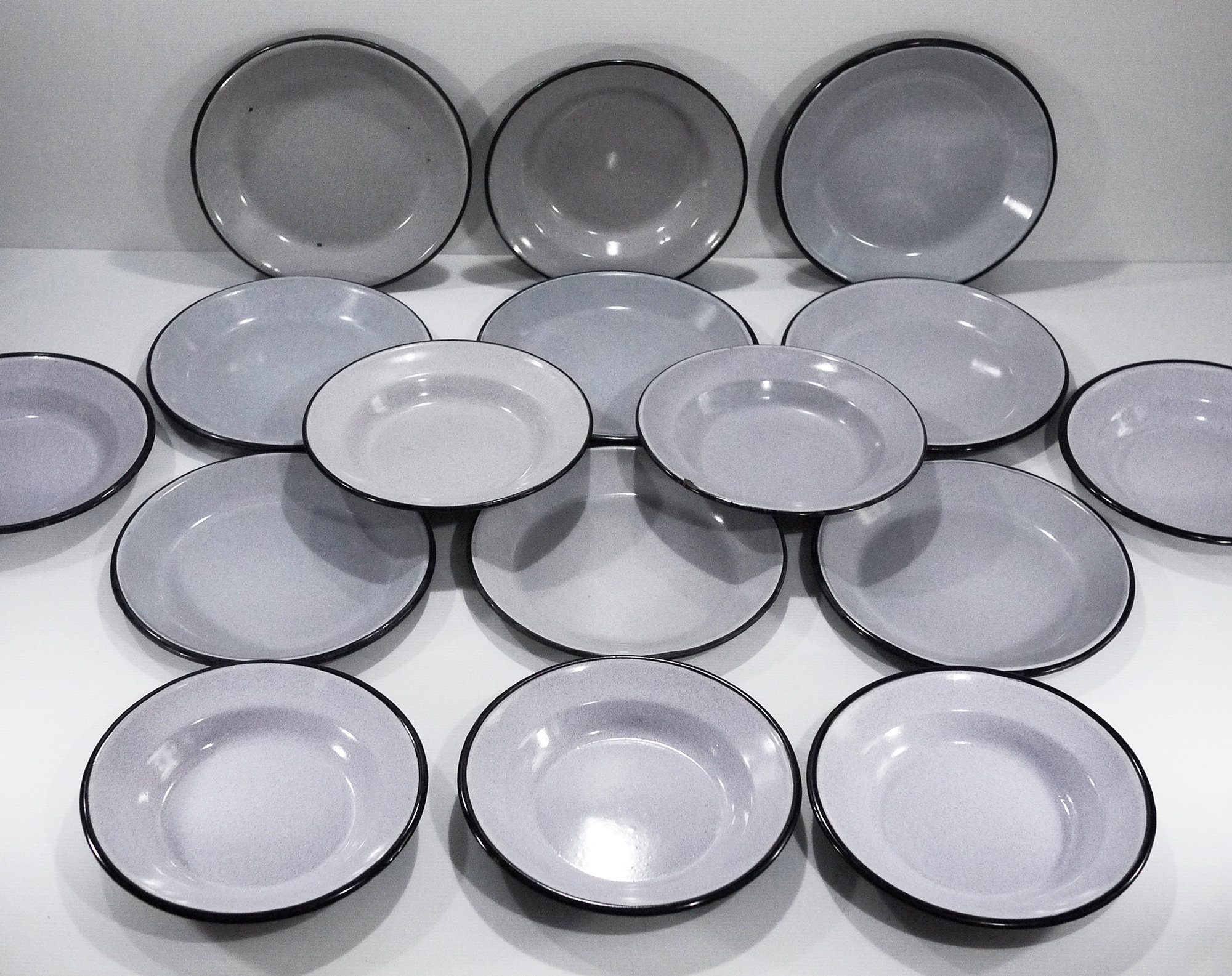 Vintage Enamelware Plate and Bowl Set of 16 Grey and Black Cesco USA