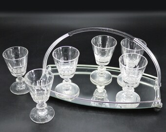 Set of 6 Aperitif Glasses with Tray French Art Deco Handblown Cherry Glasses with Silver Mirrored Serving Tray