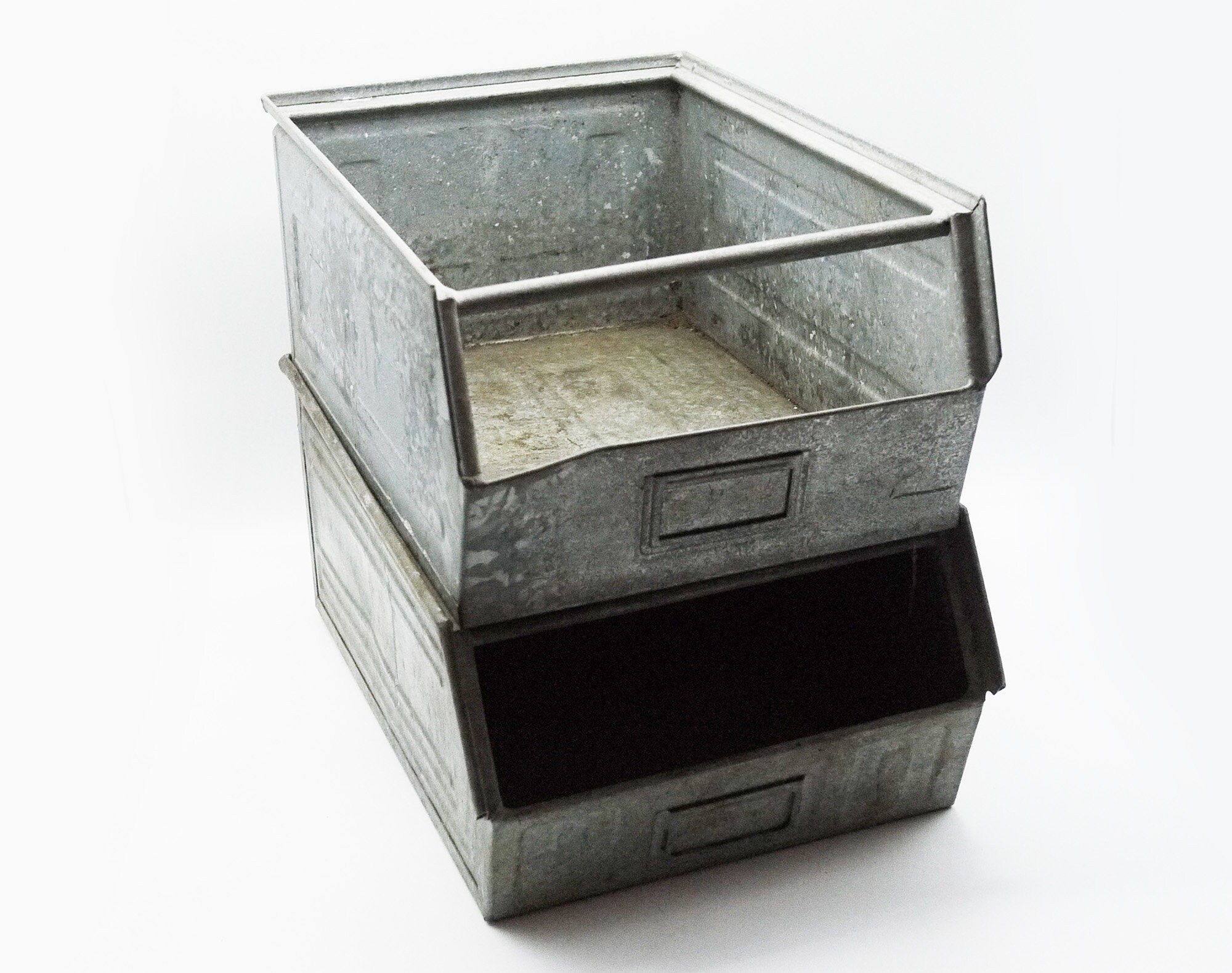 Vintage French ZInc Storage Bin, Galvanized Metal Large Stackable Bin