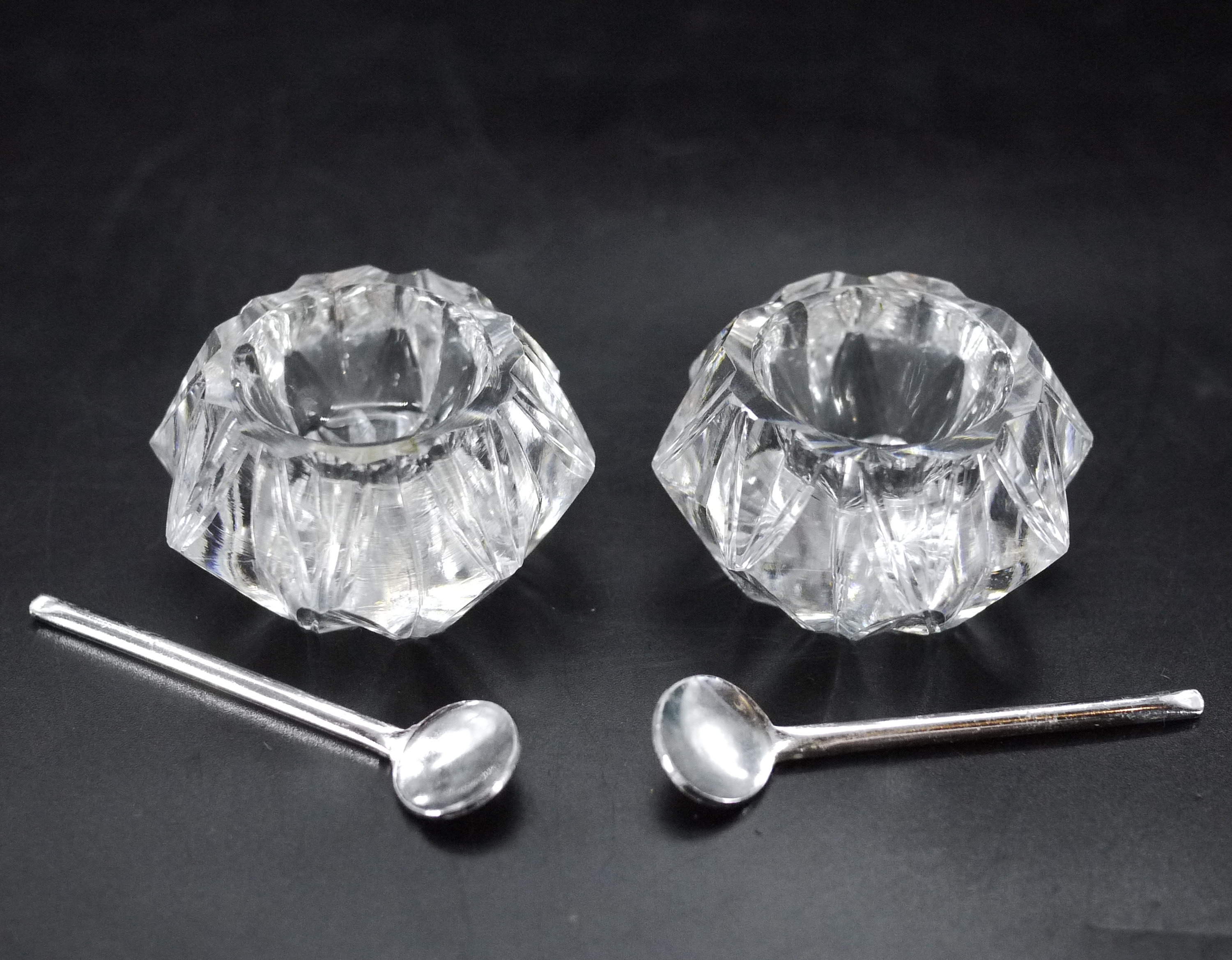 French Crystal Salt Cellars Set With Spoons in Gift Box