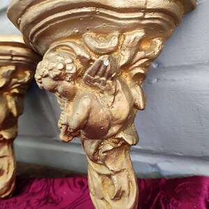 Antique Italian Cherub Wall Sconce Shelf, Gilded Plaster Pair Corbels image 15