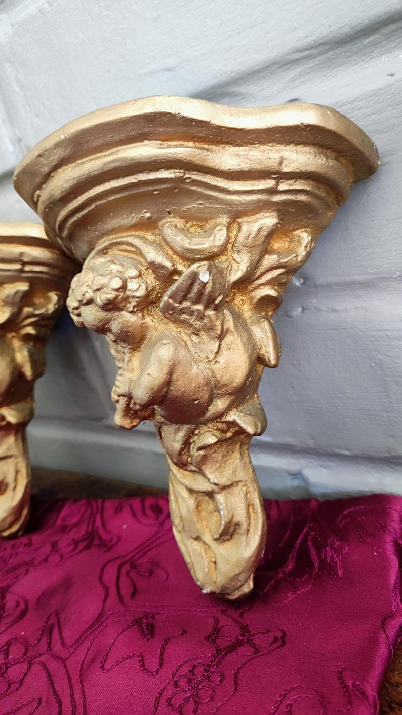 Antique Italian Cherub Wall Sconce Shelf, Gilded Plaster Pair Corbels image 15