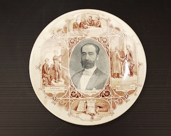 Antique French Wall Plate in Brown Transferware by Sarreguemines