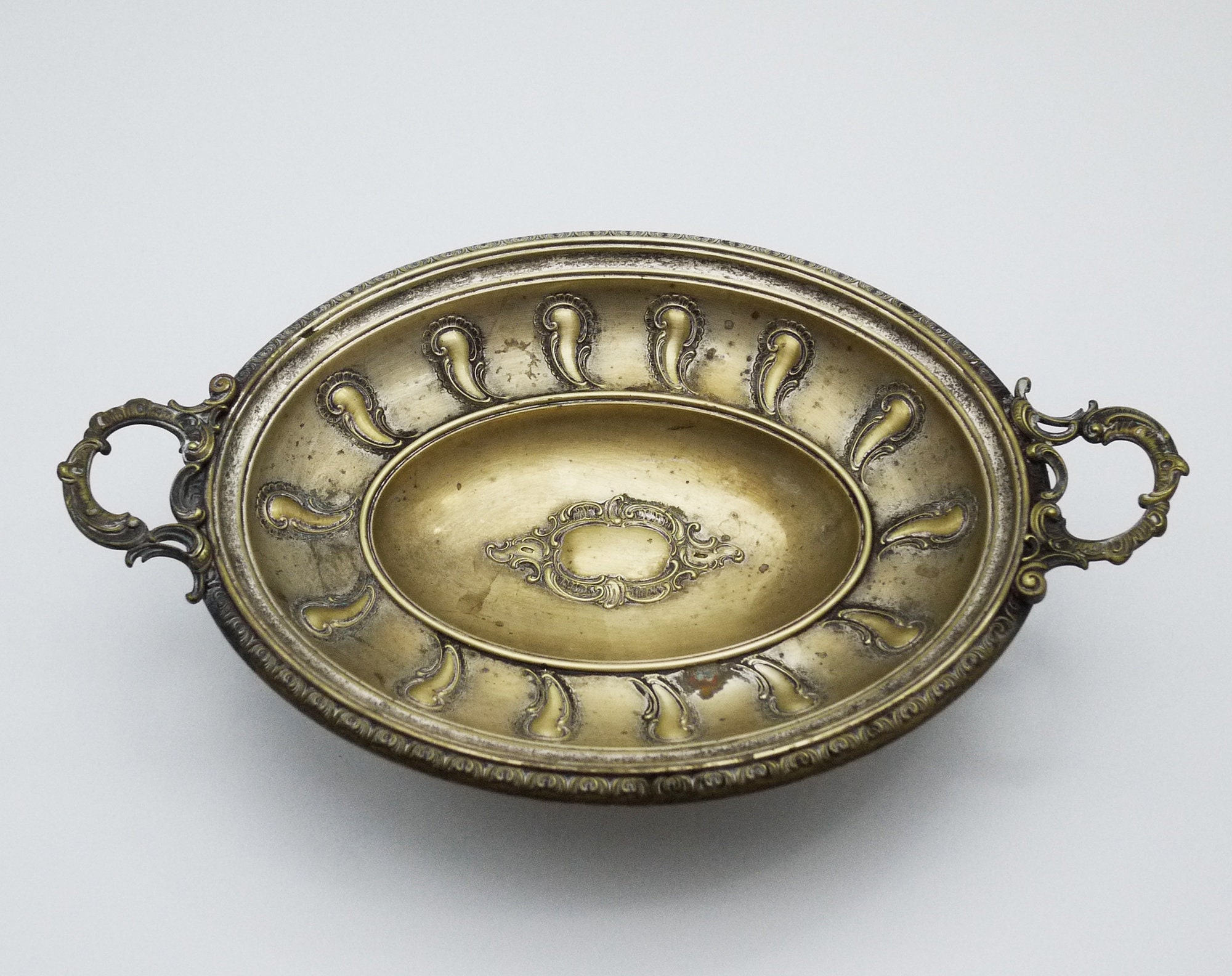 French Brass Fruit Bowl with Ornate Handles, Footed Oval Bowl Centerpiece