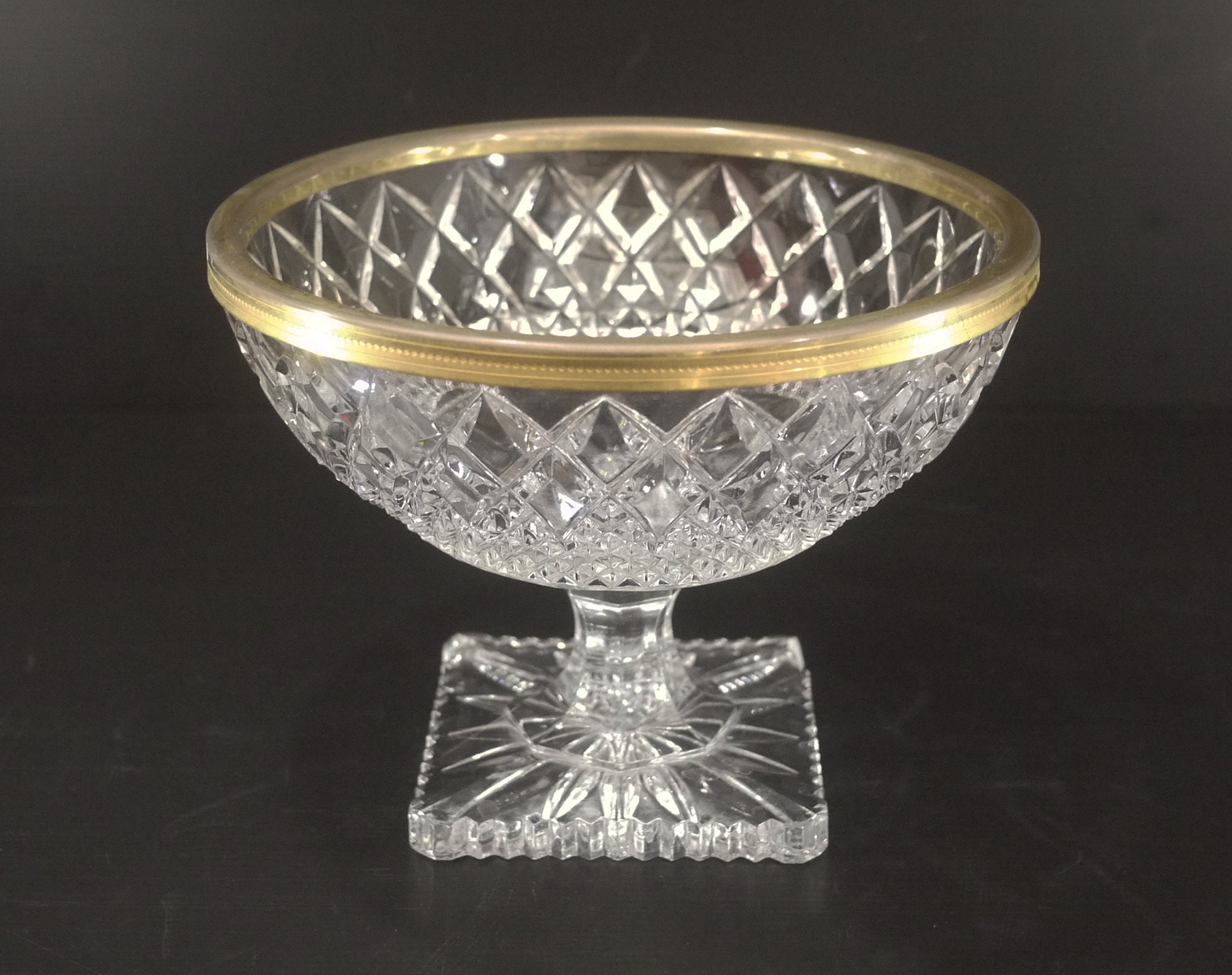 French Cut Crystal Pedestal Fruit Bowl Brass Rimmed Mid Century
