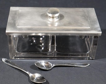 Art Deco Modernist Condiment Server with Spoons Vintage Glass Double Jam Jar with Silver Plated Lid by Wellner DRP