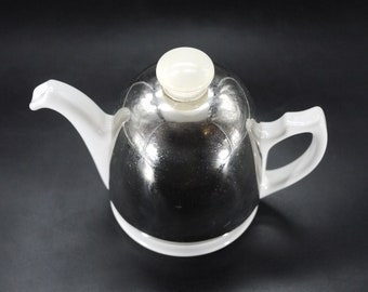 French Ceramic Teapot with Insulated Chrome Cover Vintage White Teapot