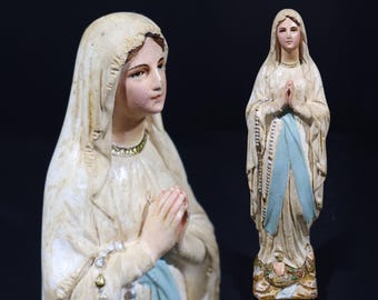 Antique French Polychrome Madonna Statue Small Miraculous Virgin Mary Chalkware Religious Statue 8.6"