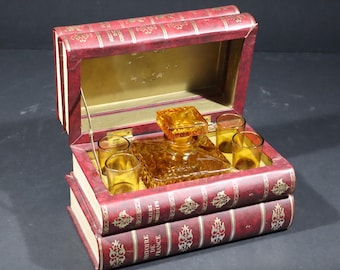 Secret Book Bar Decanter set French Vintage Amber Glass Decanter & Shot Glasses Set Library Bar Decor