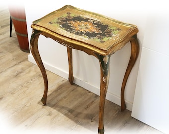 Antique Florentine Wooden Table with Delicate Floral Designs 20"x13"