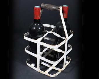 Antique French 4 Bottle Carrier with Handle Rusty Distressed White Iron Milk Bottle Rack