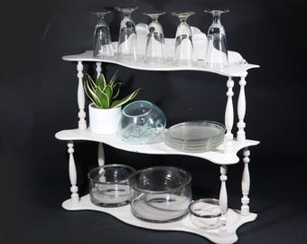 Antique French Distressed White Wood Wall Shelf Turned Spindle Wooden Tiered Display Unit