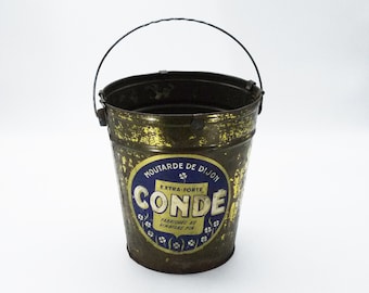 French Vintage Tin Bucket Dijon Mustard Advertising Metal Utensil Holder
