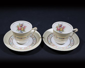 French Porcelain Cup and Saucer set Vintage Raynaud Limoges Porcelain Floral Demitasses for 2