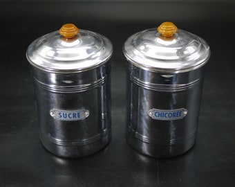 Set of 2 Vintage Kitchen Jars French Chromed Copper Canisters with Bakelite