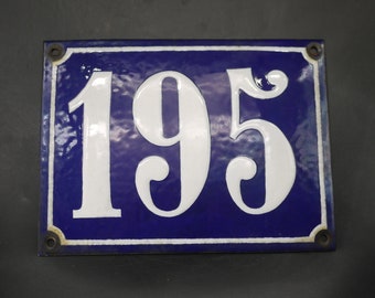 Vintage Enamel House Door Number 195, French Blue Enamelware