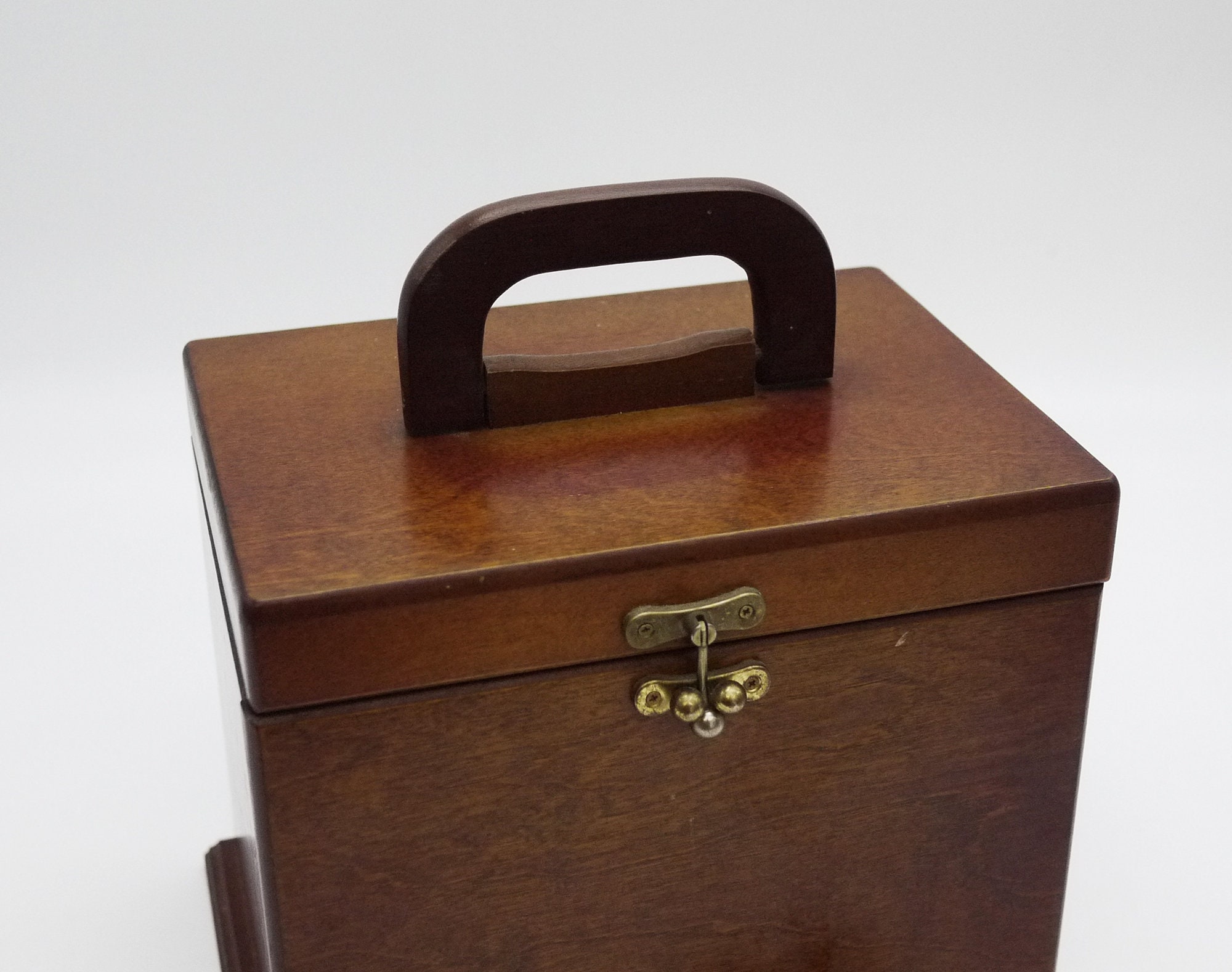 French Wood Jewelry Chest of Drawers with Mirror and Handle Vintage