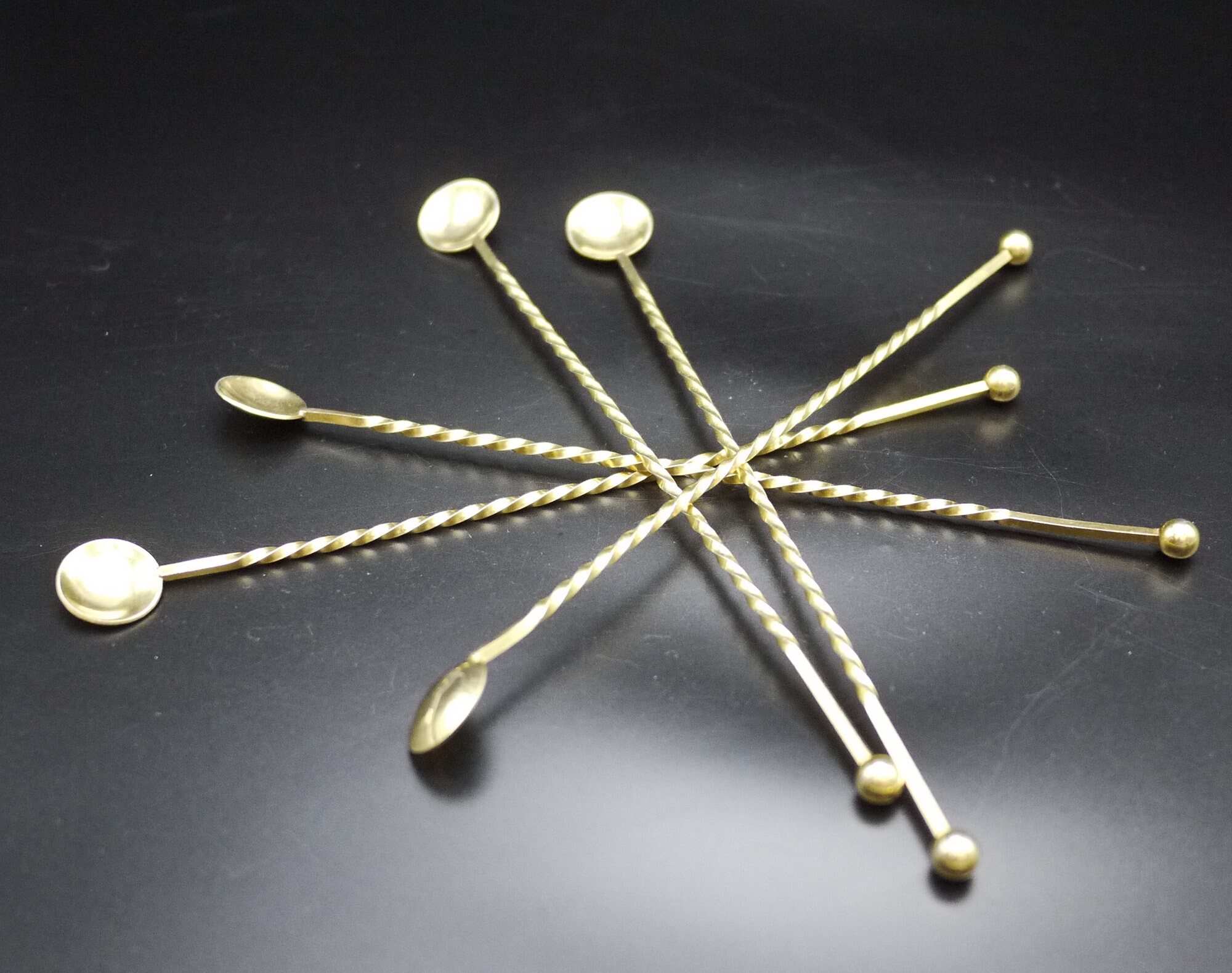 French Gold Cocktail Stirrers Spoons, Set of 5 Swizzle Sticks, Retro