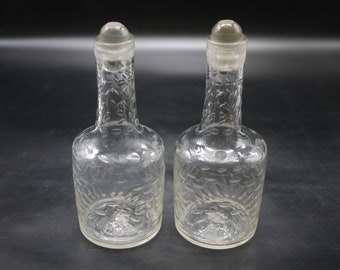 Antique French Wine Carafe set Pair of Etched Glass Decanters with Stoppers 19th Century
