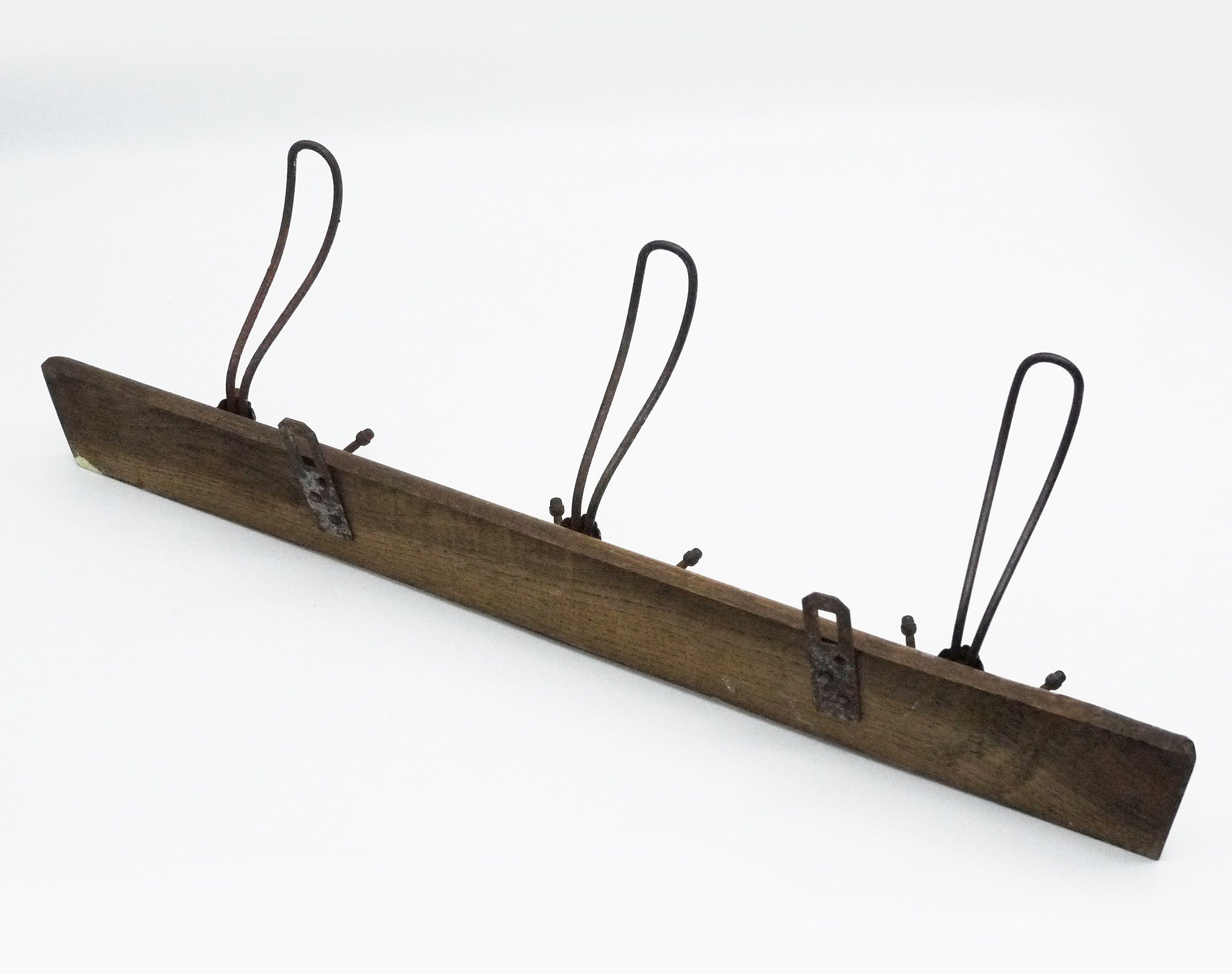 French Coat Rack, Wood and Wire Coat Hooks, 1950s Rustic Entrance Hall