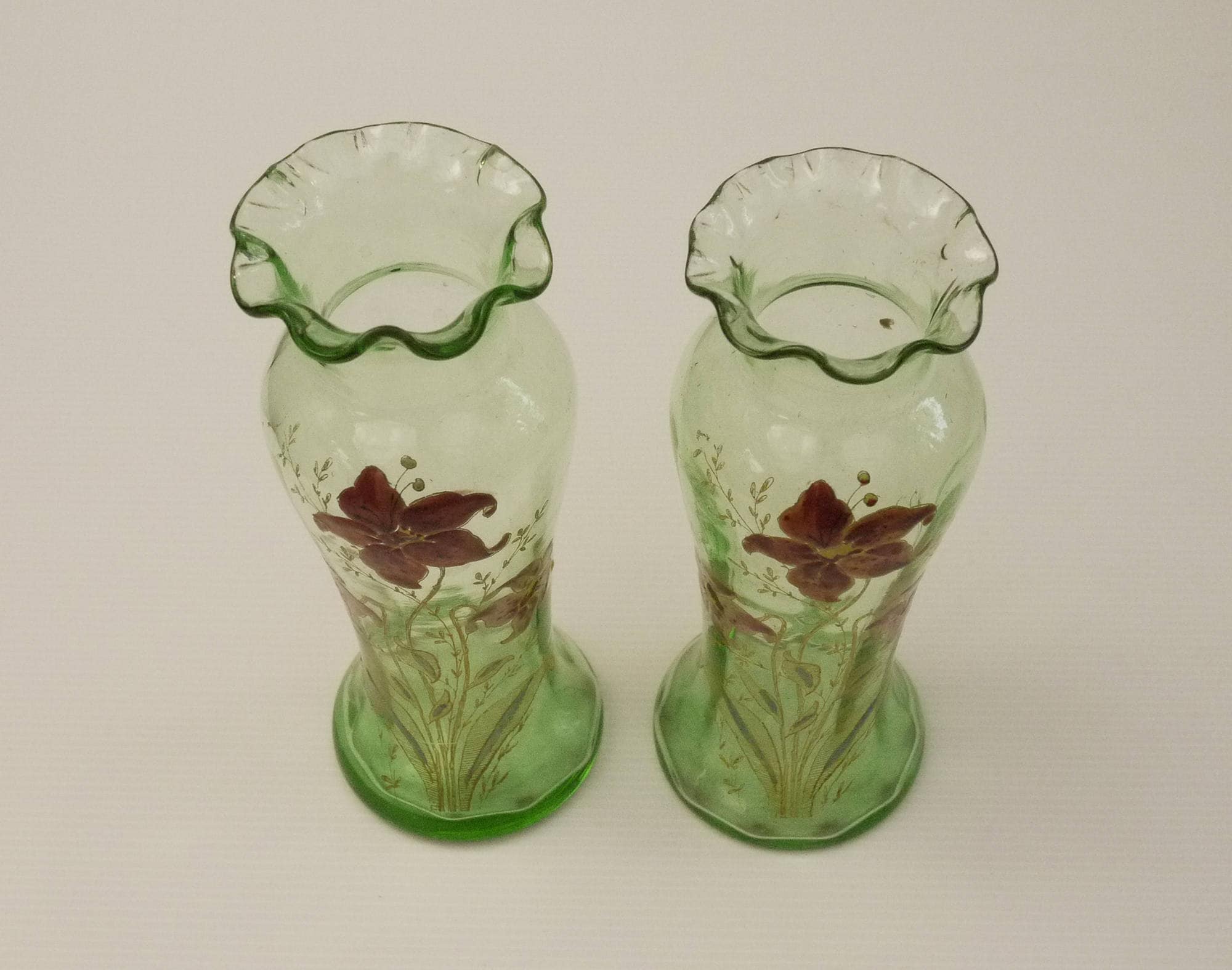 Art Nouveau Green Glass Vases Pair with Enamel Flowers