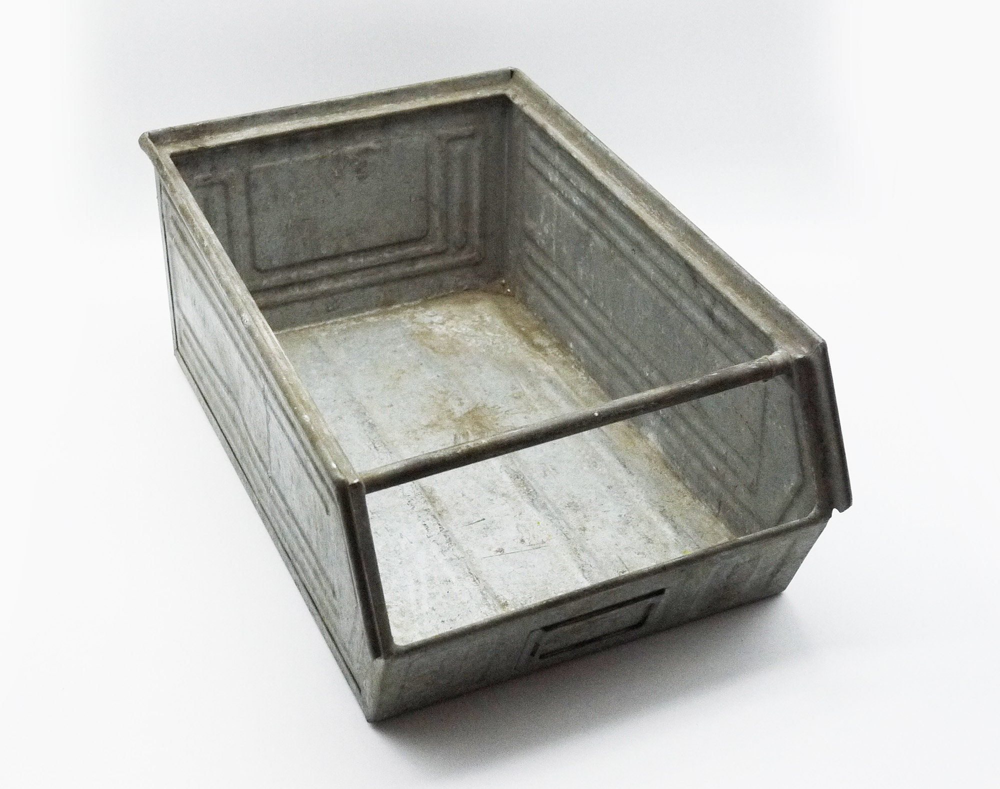 Vintage French ZInc Storage Bin, Galvanized Metal Large Stackable Bin