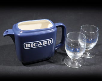 Vintage Ricard Pitcher and Glass Set, French Ceramic Bistro Jug and Pastis Glasses, Retro Barware