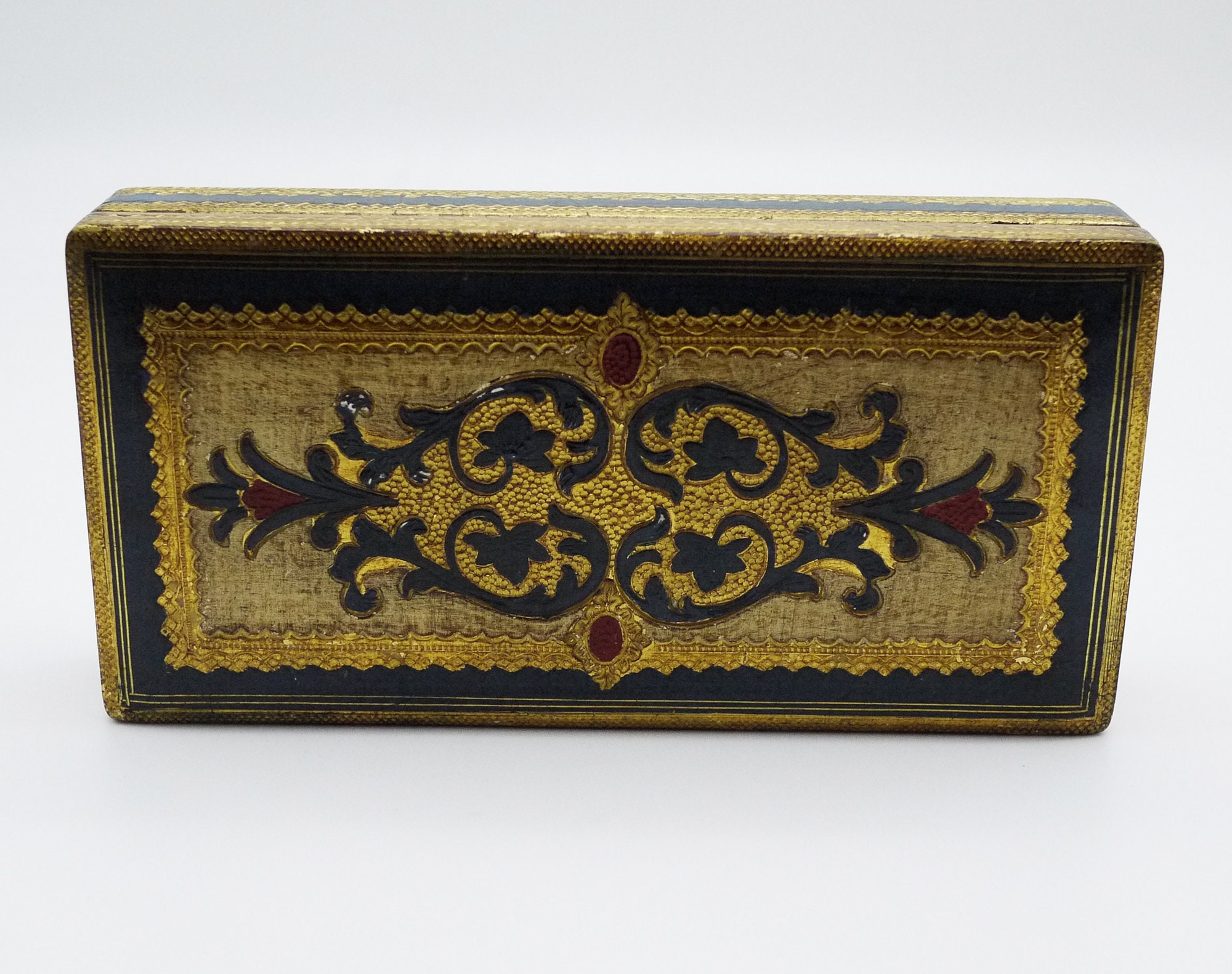 Florentine Jewelry Box, Vintage Italian Wooden Box with Baroque Decor