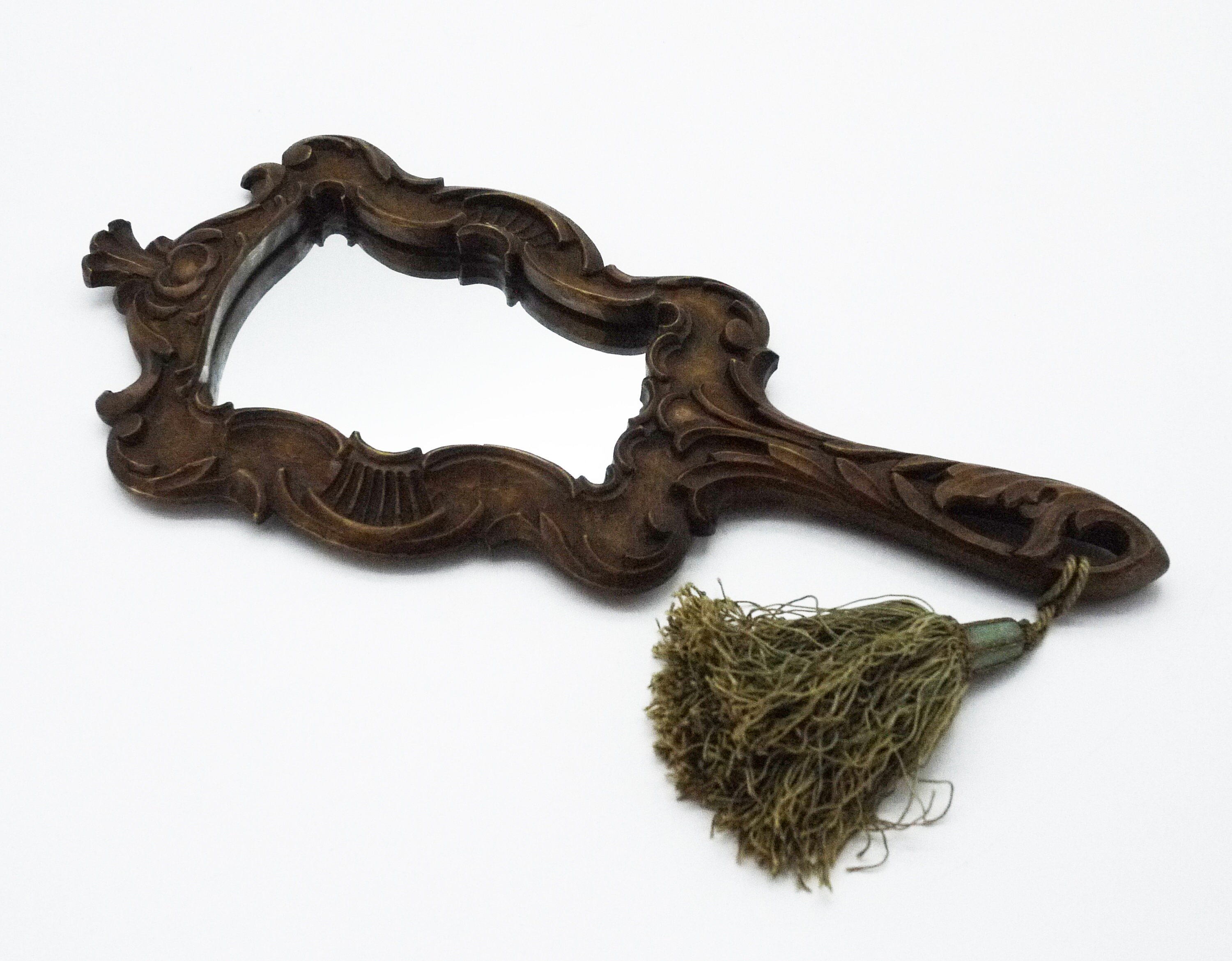 Antique Carved Wood Vanity Hand Mirror