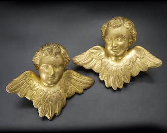 Antique Pair of Cherubs with Wings Wall Hanging Gold Gilded Angels Statues Bas Relief