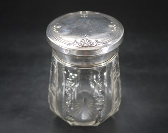 Antique Sterling Silver and Crystal Vanity Jar French Glass Bathroom Storage Canister