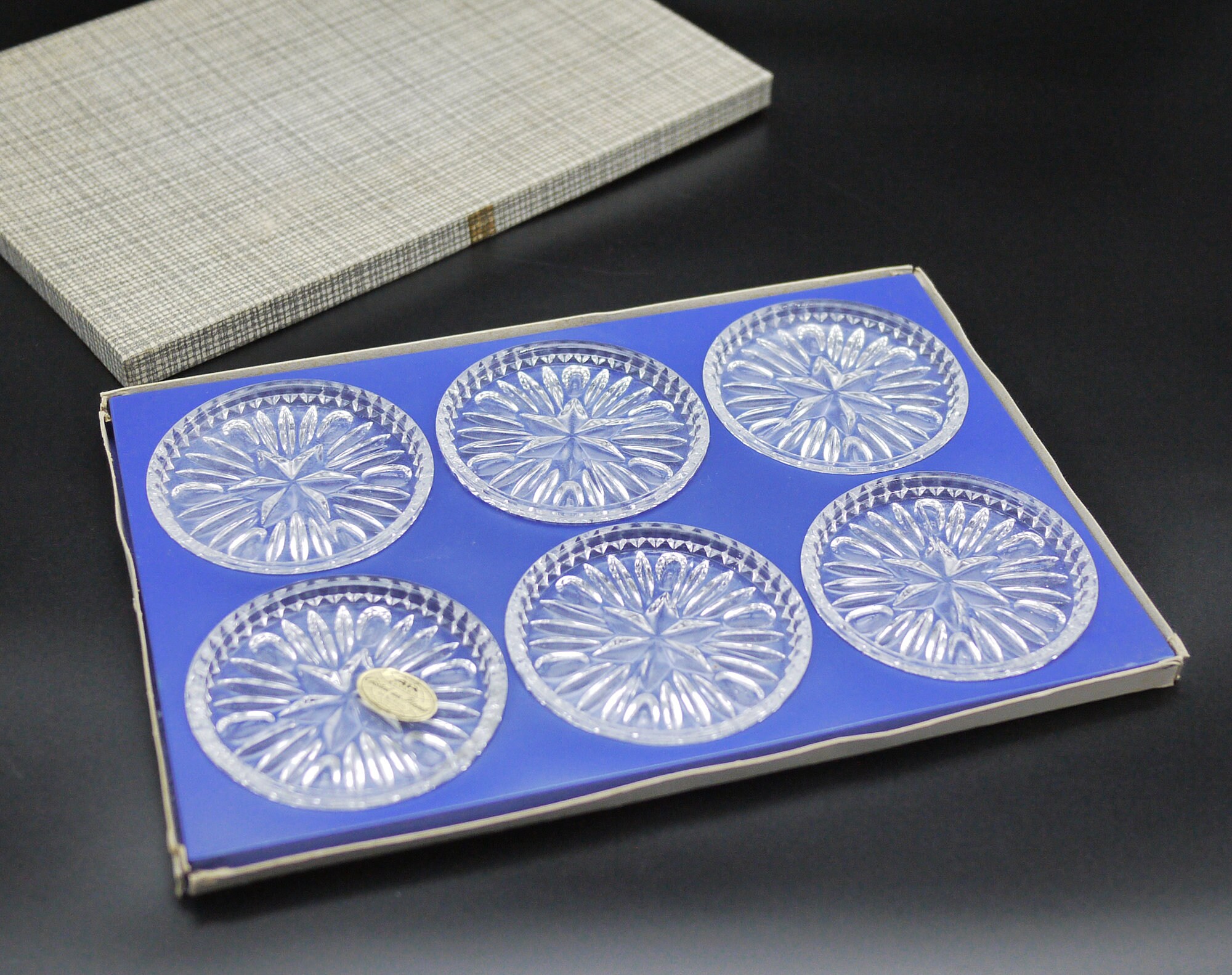 Crystal Coaster Set, Retro Bavarian Cut Crystal Coasters in Gift Box AH