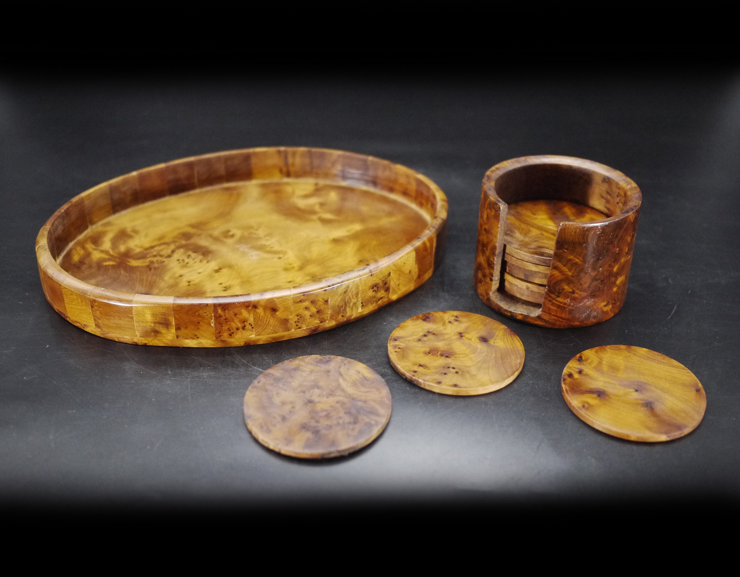 Art Deco Burl Wood French Tray & Coaster Set