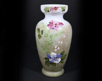Antique French Vase Art Nouveau Enamel Painted Molten Glass Vase Pansies Decor