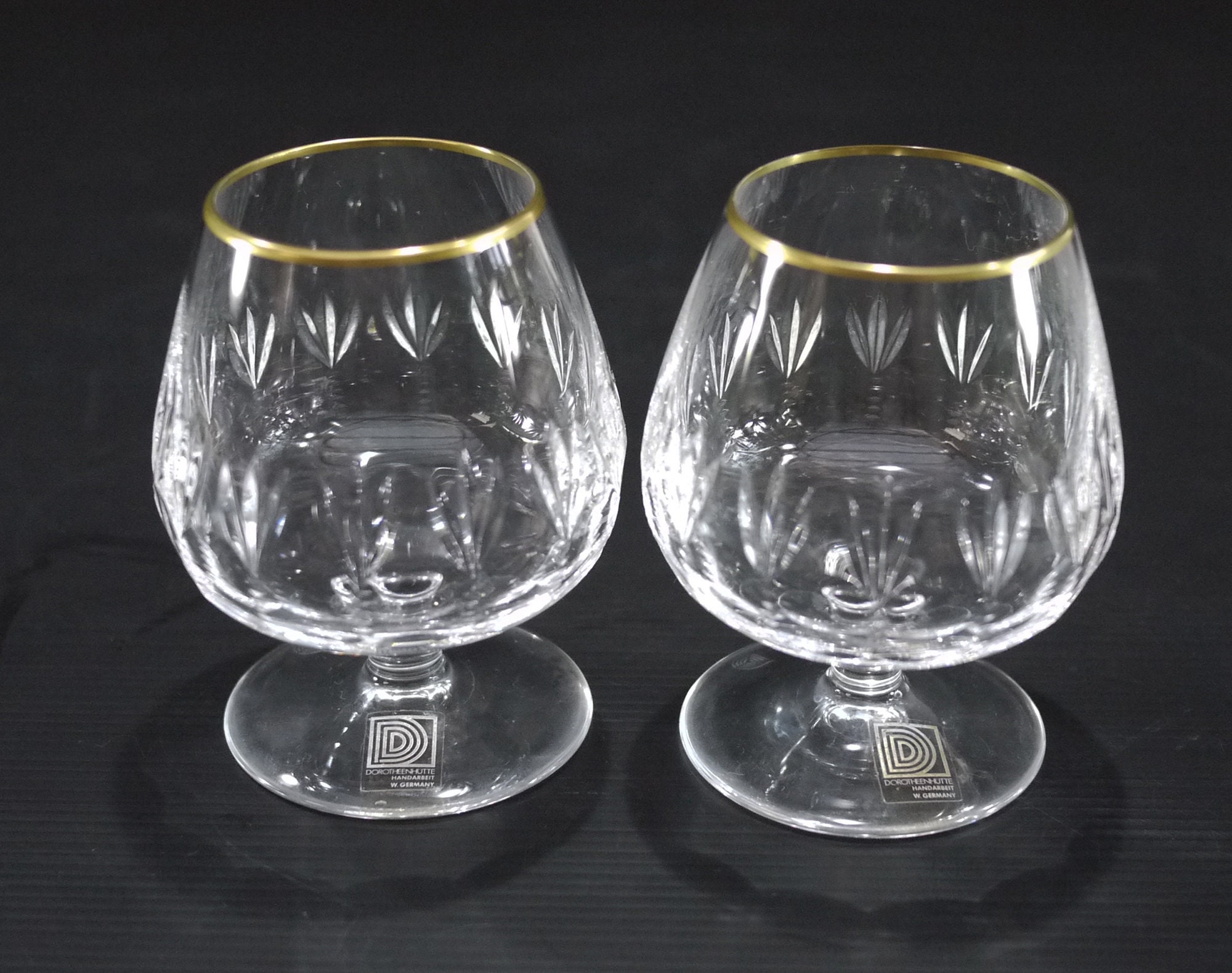 Pair Of Large Crystal Cognac Glasses, Cut Crystal with Gold Rim Brandy