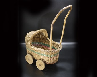 Vintage Wicker Doll Pram French Folk Art Doll Display Stroller Girls Room Decor