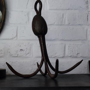 May include: A vintage, dark brown metal hook with a loop at the top and three curved hooks at the bottom. The hook has a bulbous centre and is likely used for hanging items. The metal has a rustic, aged appearance.