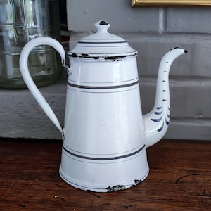 Antique French Enamel Coffee Or Tea Pot, White and Blue Country Decor