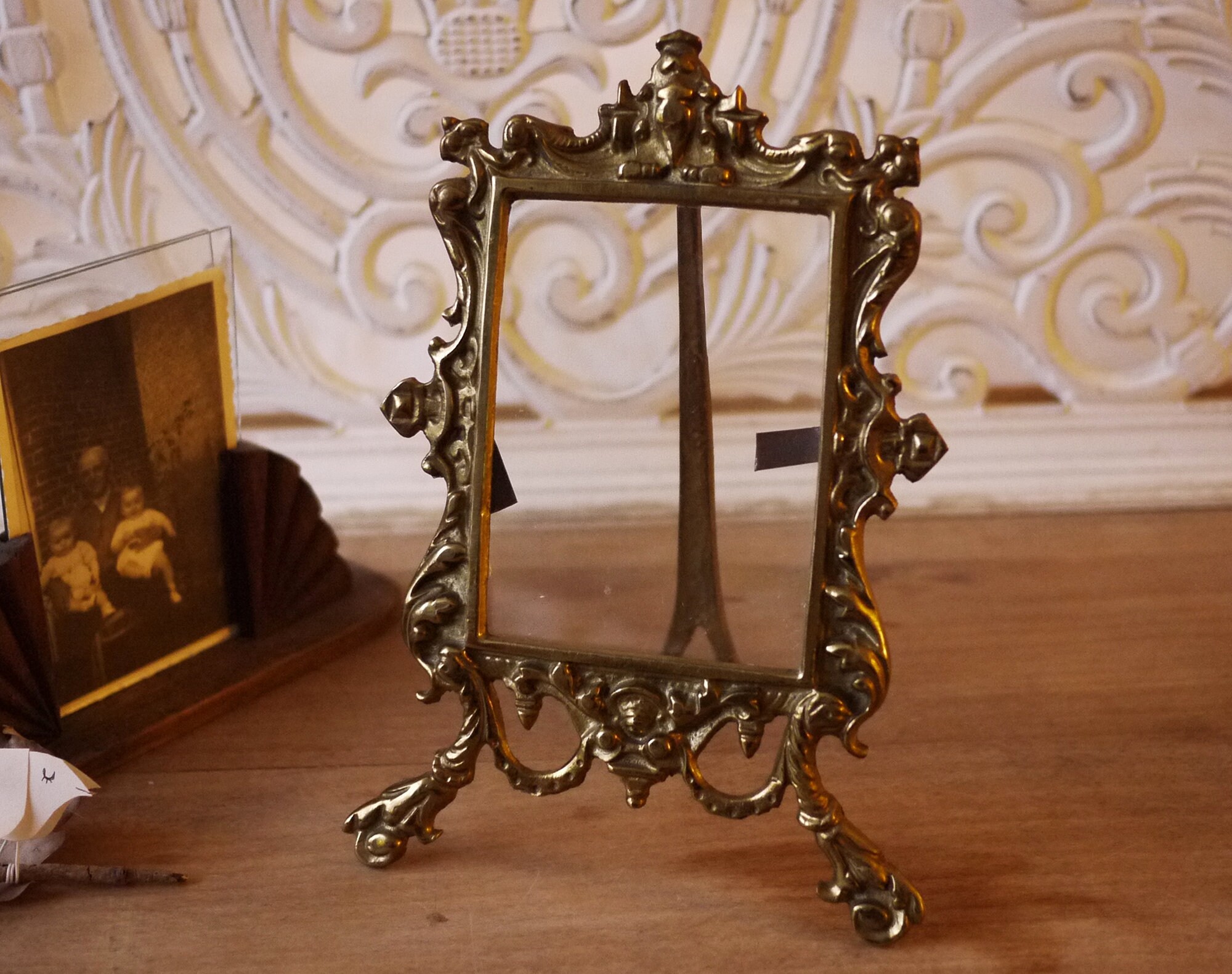 Antique French Picture Frame, Solid Brass Easel Picture Frame