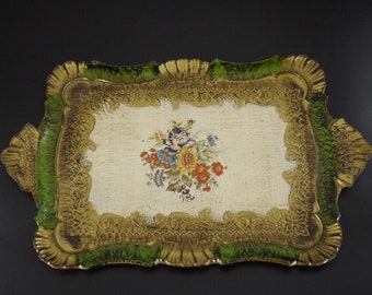 1950s Florentine Tray Italian Hand Painted Floral Serving Tray